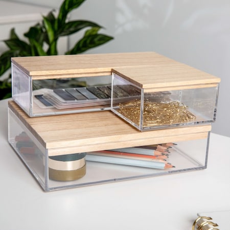 Martha Stewart Brody Clear Plastic Storage Organizer Bins W/Light Natural Paulownia Wood Lids, Small/Med/Lrg Bins BE-PB3317-WD-3-CL-NT-MS